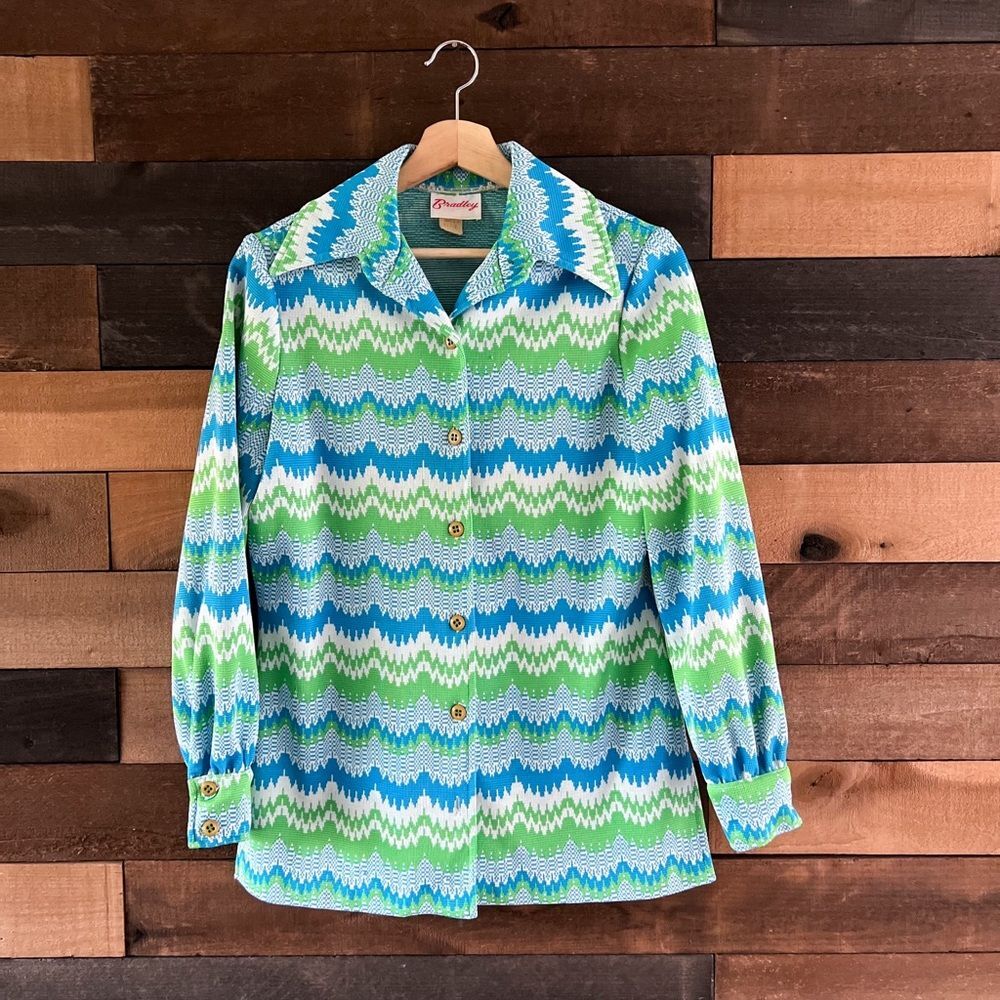 Vintage Groovy Zig Zag Waves Bradley Dagger Collar Button Up Lightweight Jacket
